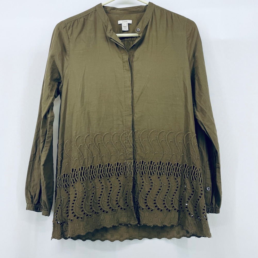 J Crew Olive Green Cotton Eyelet Shirt Women Size‎ 2 Long Sleeve Band Collar